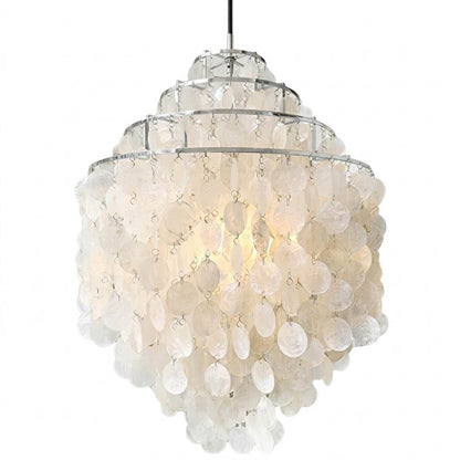 Sirena FUN style shell disc pendant Chrome 21 inch large modern Mid Century designer Capiz shells white background