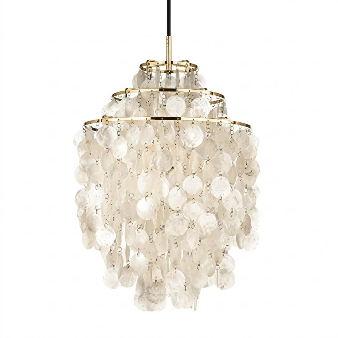 Sirena FUN style shell disc pendant light Gold warm 18 inch Mid Century designer tribute Verner Panton Capiz shells white background