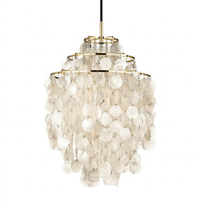 Sirena FUN style shell disc pendant light Gold warm 18 inch Mid Century designer tribute Verner Panton Capiz shells white background