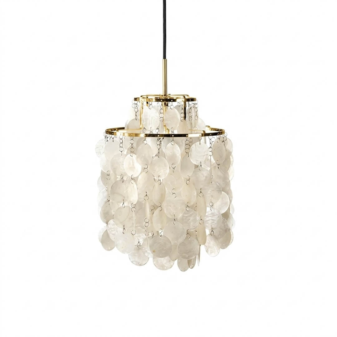 Sirena FUN style shell disc pendant Gold 11 inch small accent Mid Century designer Capiz shells white background