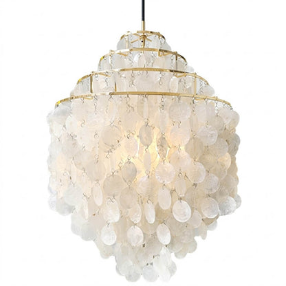 Sirena FUN style shell disc pendant Gold 21 inch large statement Mid Century designer Capiz shells white background