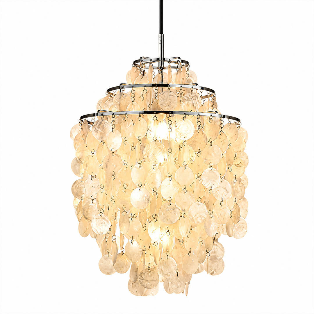 Sirena FUN style shell disc pendant light Chrome polished silver 18 inch Mid Century designer tribute Verner Panton Capiz shells white background