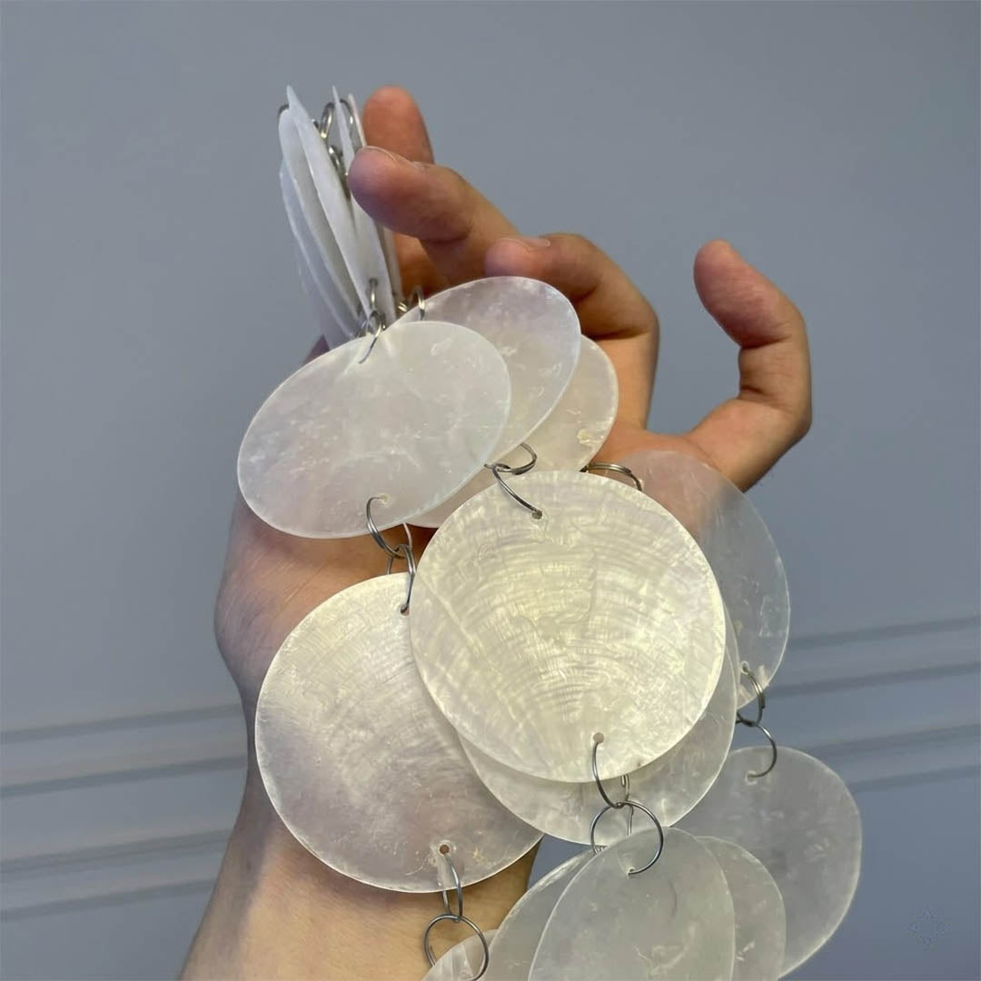 Sirena Capiz shell disc translucent natural pearl iridescent close up detail Coastal Mid Century authentic craftsmanship