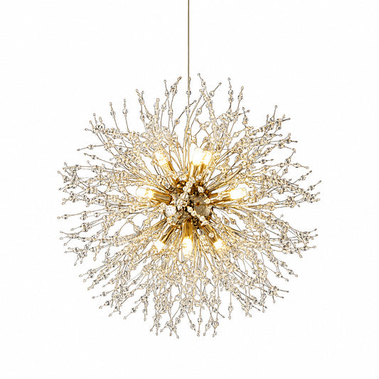 Soffione dandelion sputnik crystal chandelier in gold with radiating crystal-tipped arms over a dining table