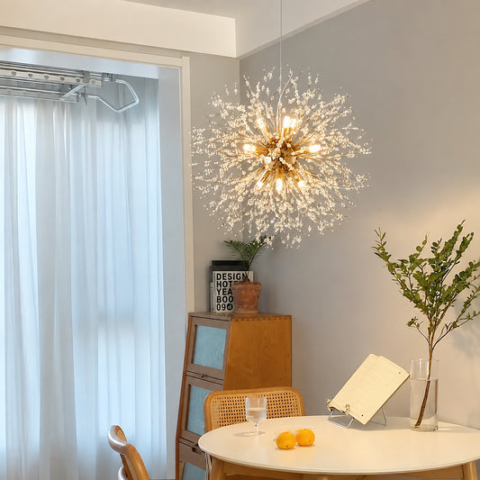 Soffione sputnik crystal chandelier sparkling above a dining room table