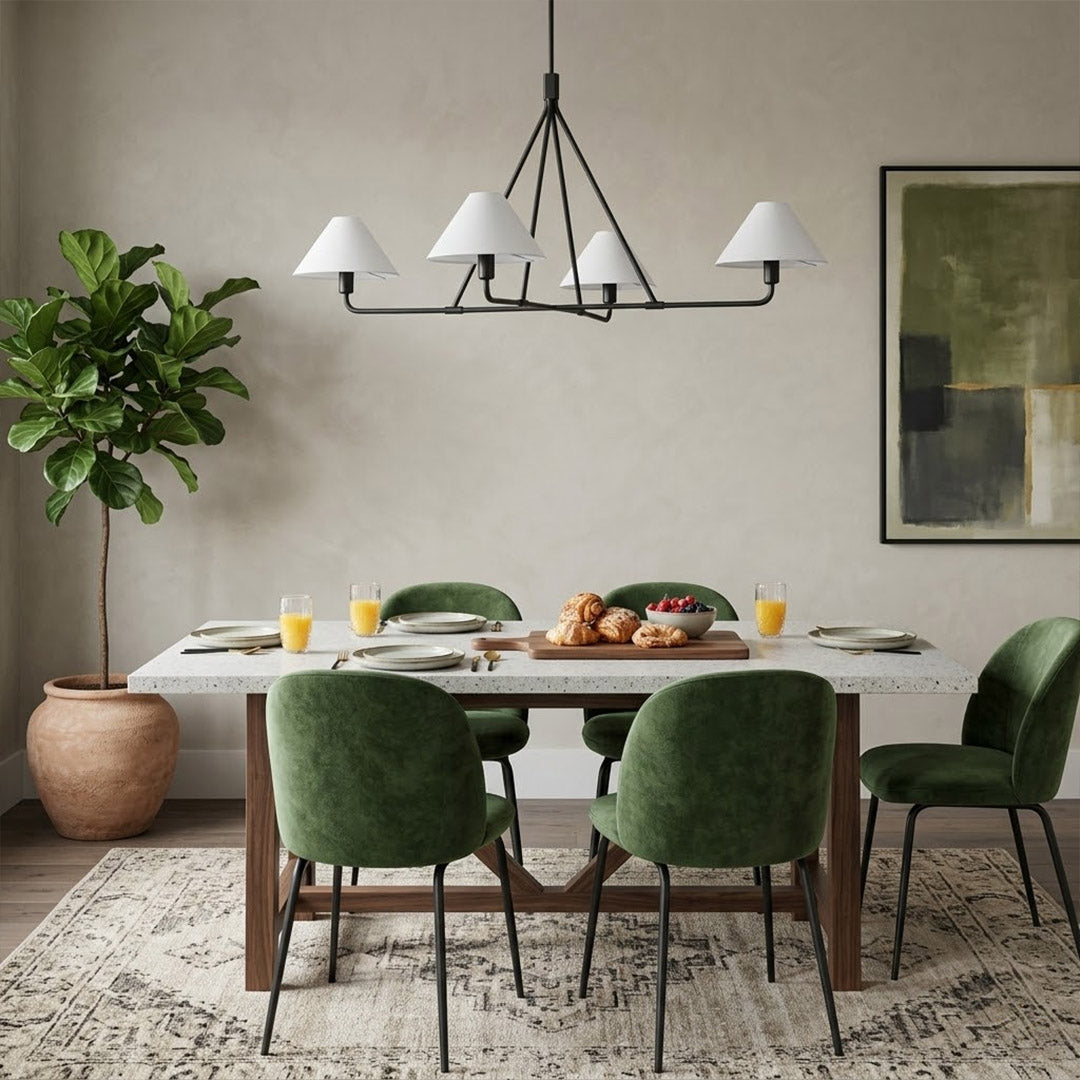 Sola black angular chandelier above dining table warm fabric drum shade light japandi interior