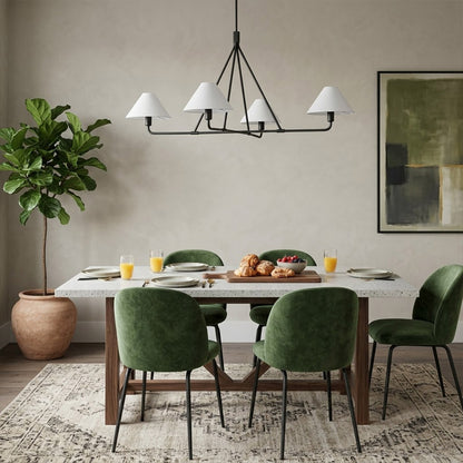 Sola black angular chandelier above dining table warm fabric drum shade light japandi interior