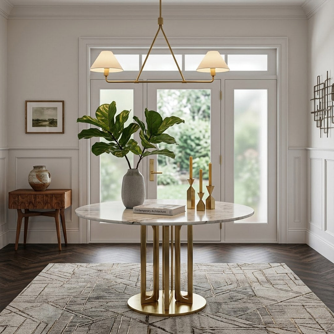 Sola black angular chandelier above dining table warm fabric drum shade light japandi interior
