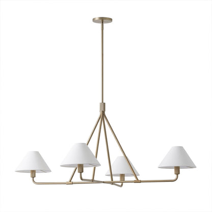 Sola antique brass angular chandelier 4-light white fabric drum shade warm white background