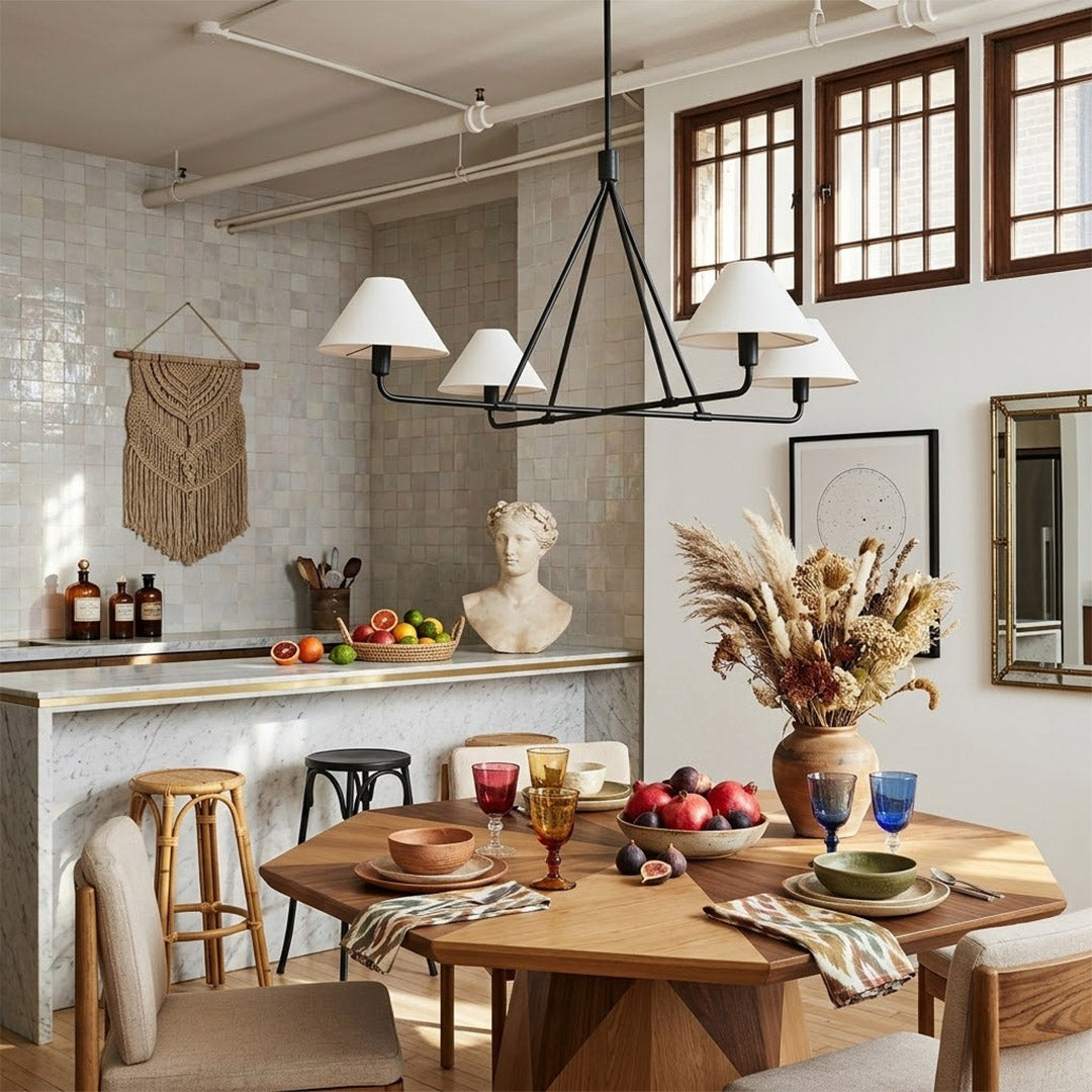 Sola black angular chandelier above dining table warm fabric drum shade light japandi interior