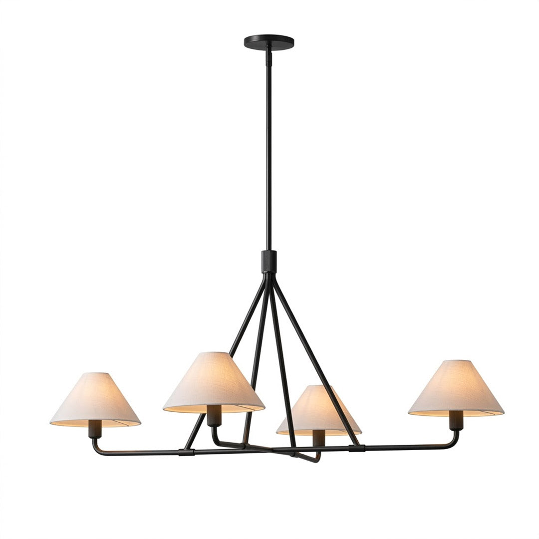 Sola matte black angular chandelier 4-light white fabric drum shade minimalist white background