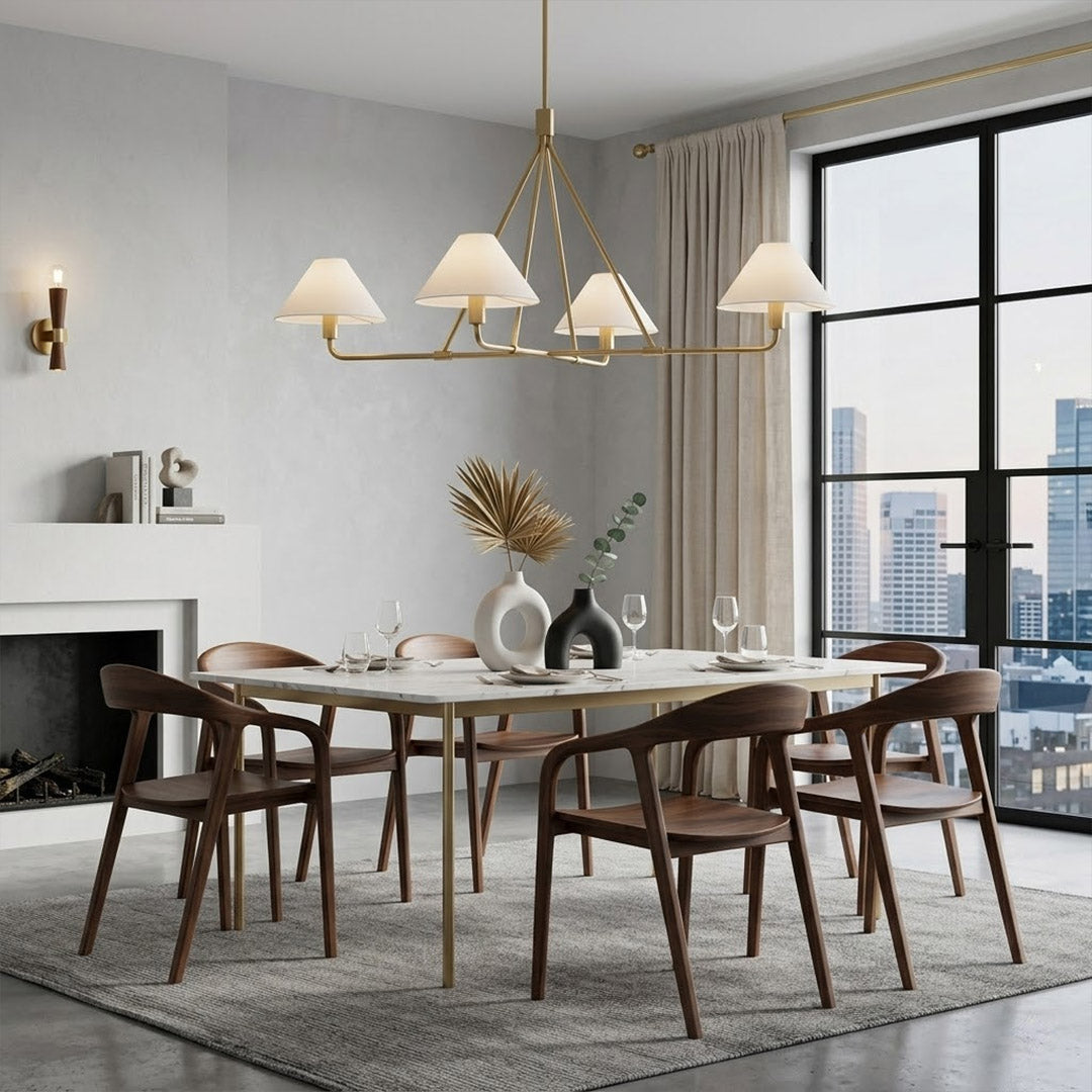 Sola black angular chandelier above dining table warm fabric drum shade light japandi interior