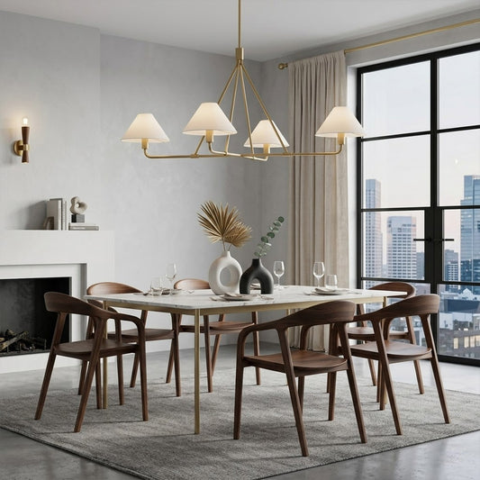 Sola black angular chandelier above dining table warm fabric drum shade light japandi interior