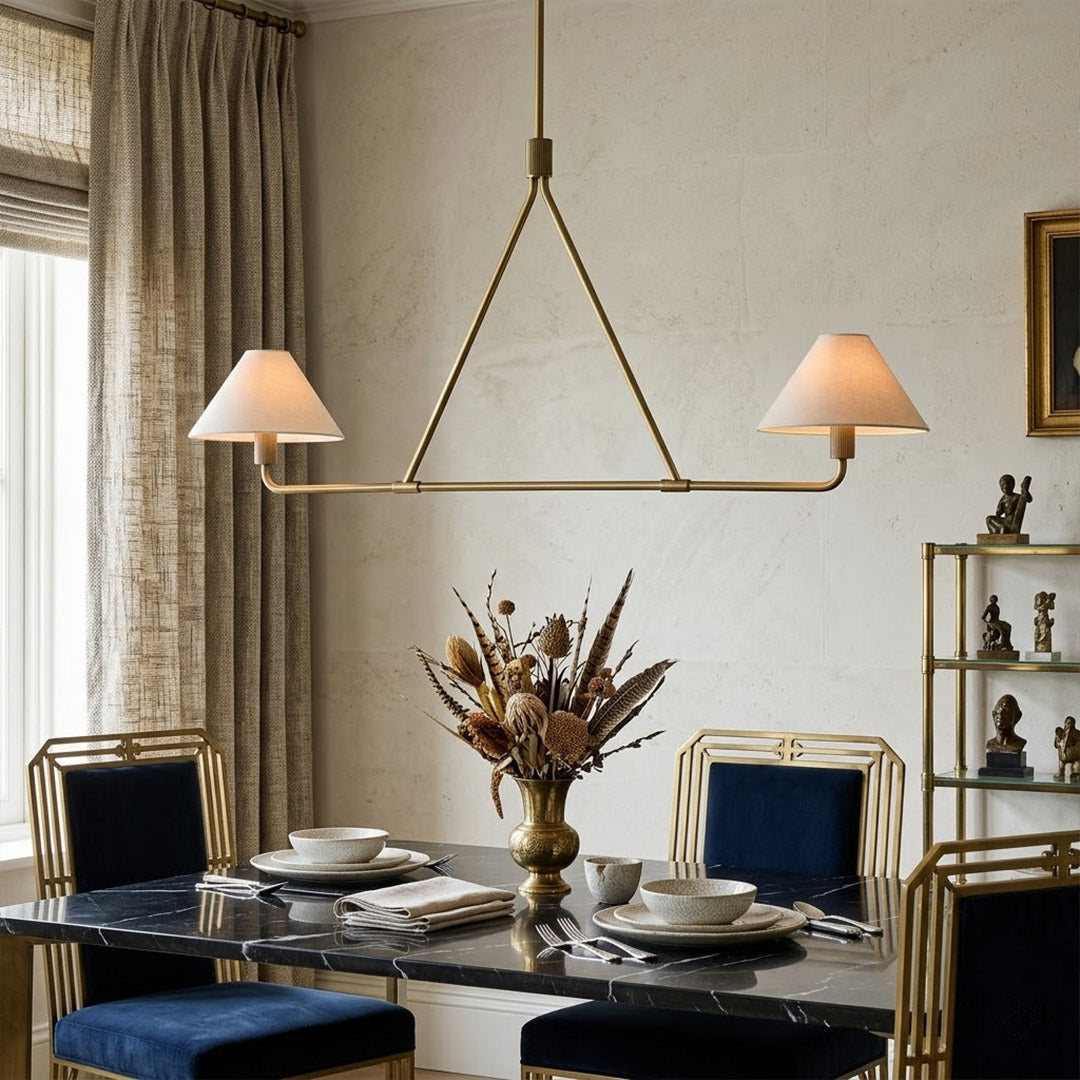 Sola black angular chandelier above dining table warm fabric drum shade light japandi interior