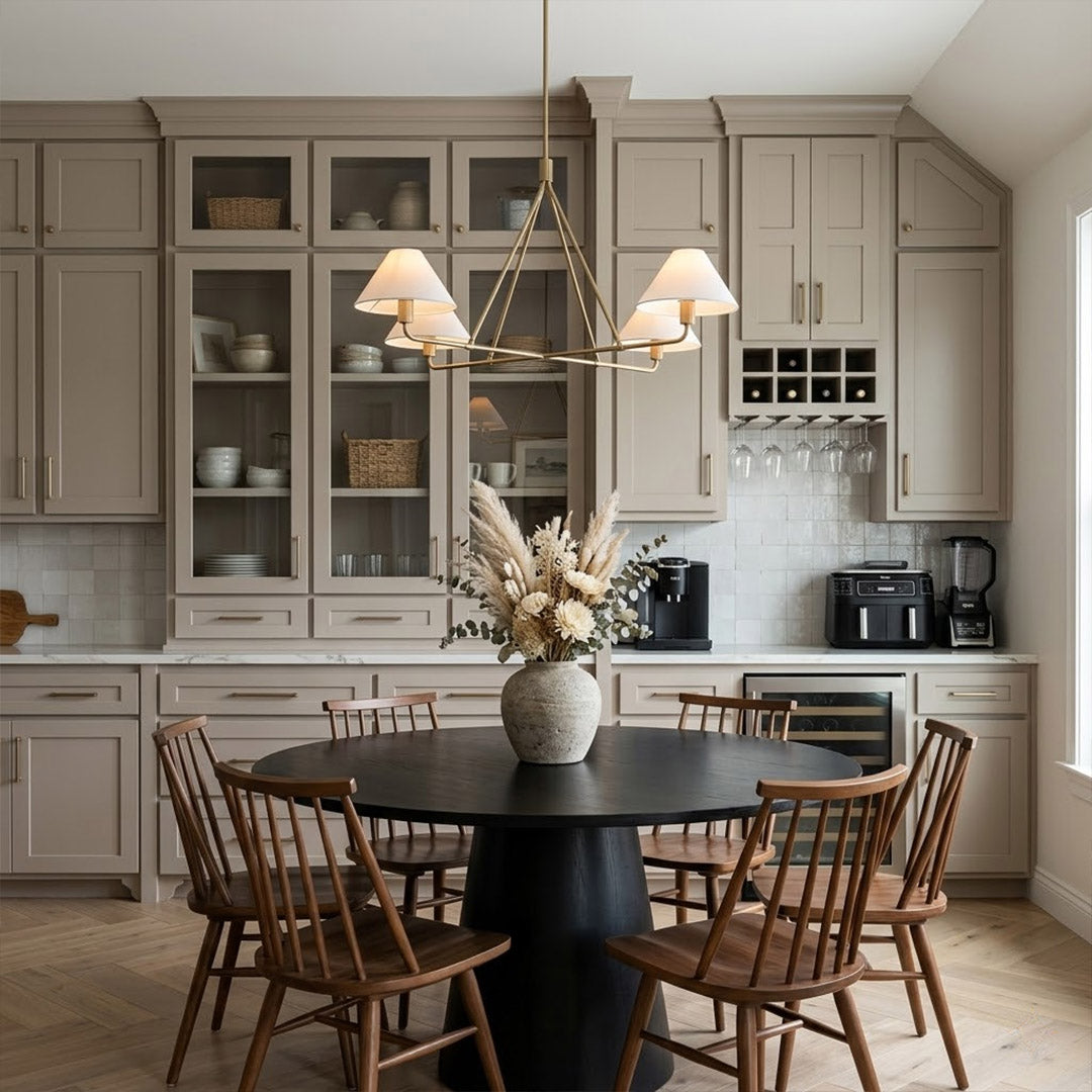 Sola black angular chandelier above dining table warm fabric drum shade light japandi interior