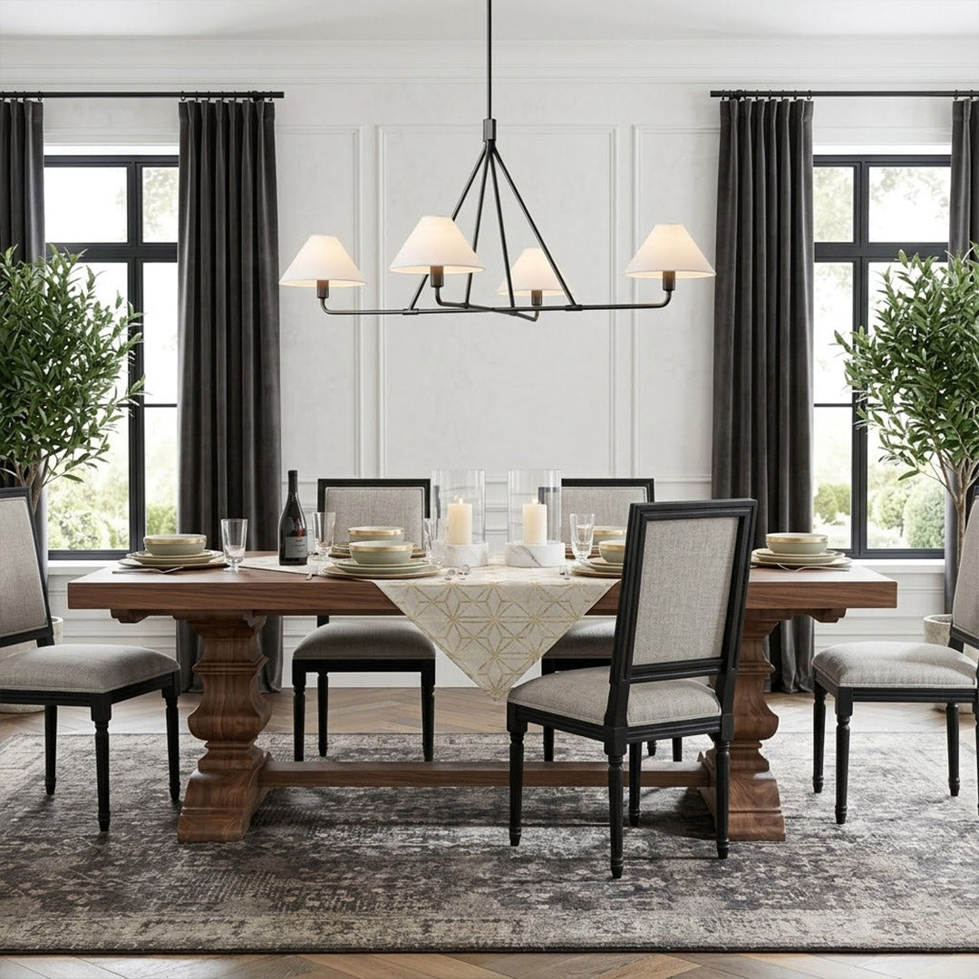 Sola black angular chandelier above dining table warm fabric drum shade light japandi interior