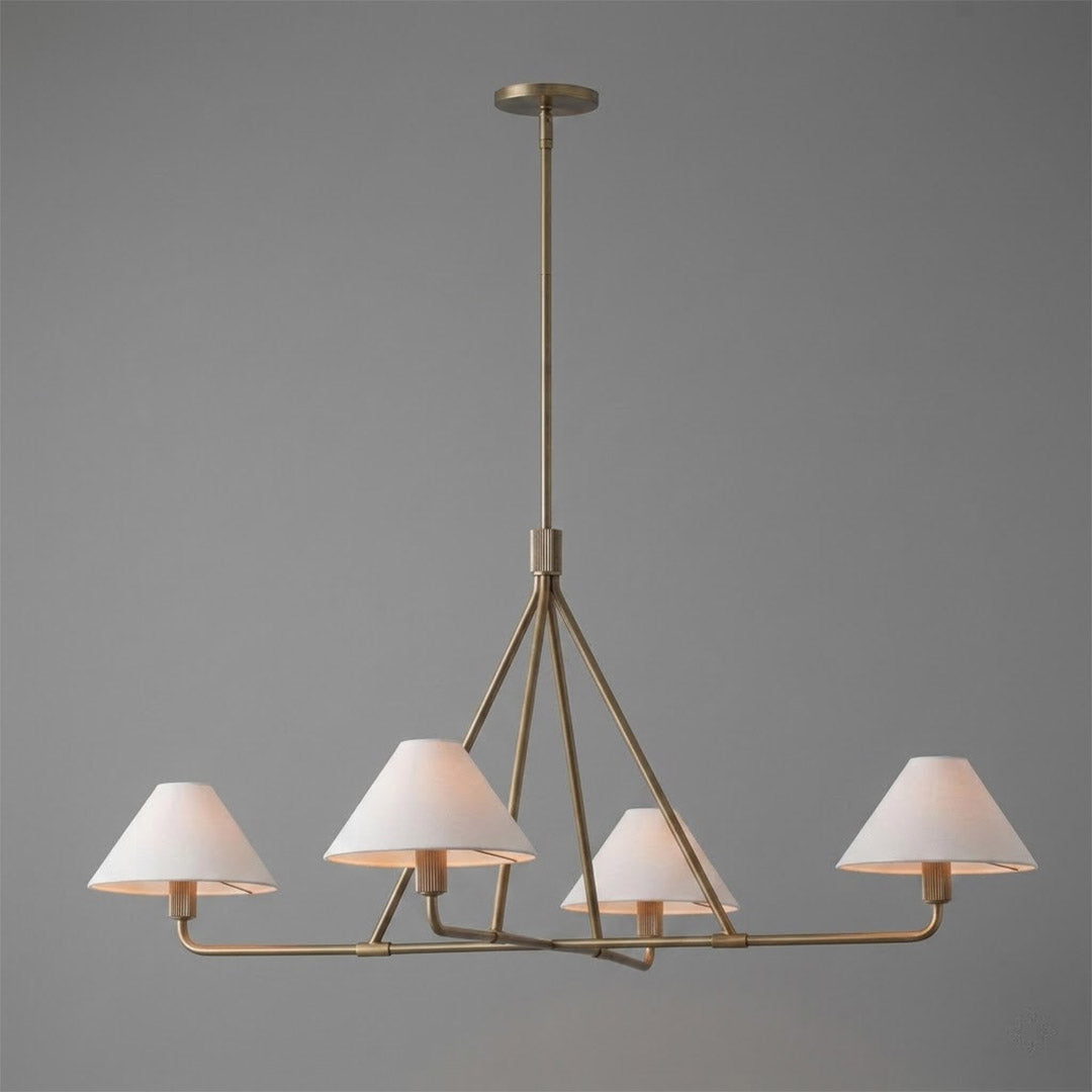 Sola black angular chandelier above dining table warm fabric drum shade light japandi interior