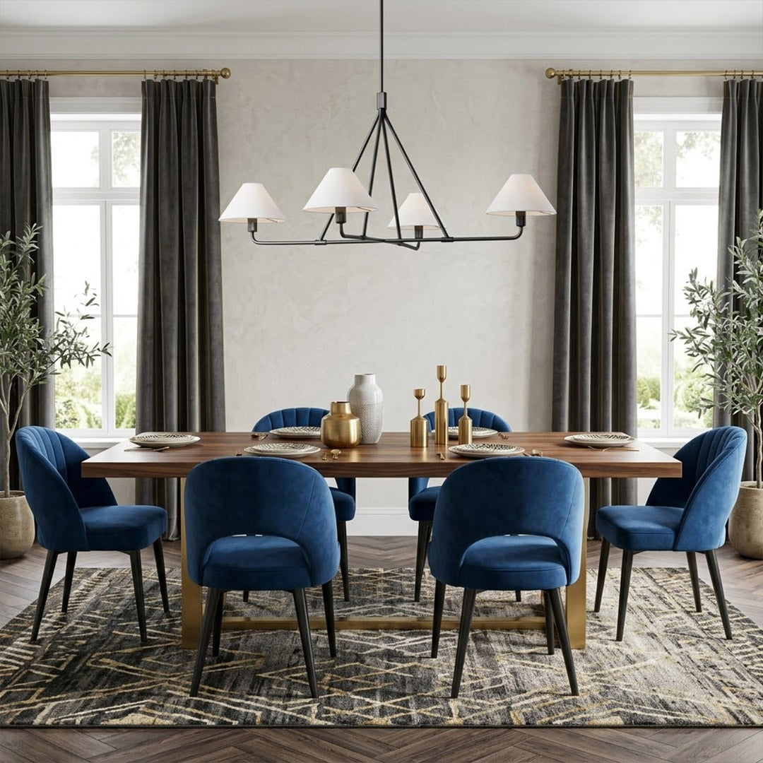 Sola black angular chandelier above dining table warm fabric drum shade light japandi interior
