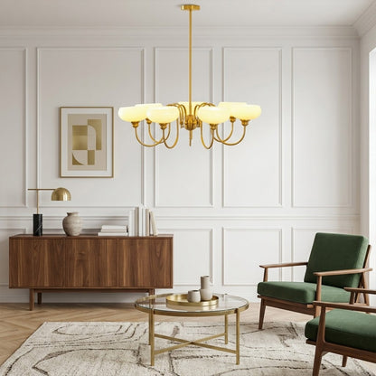 Solari cream glass chandelier above dining table warm amber gold light organic modern interior