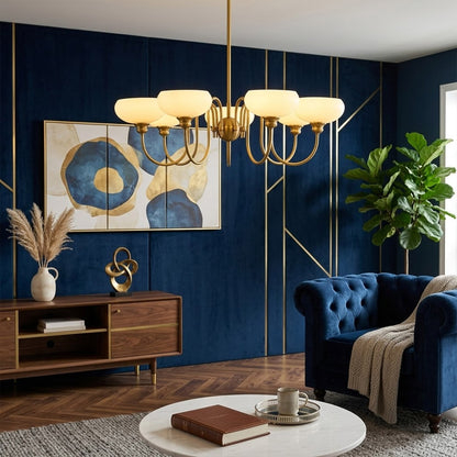 Solari cream glass chandelier above dining table warm amber gold light organic modern interior