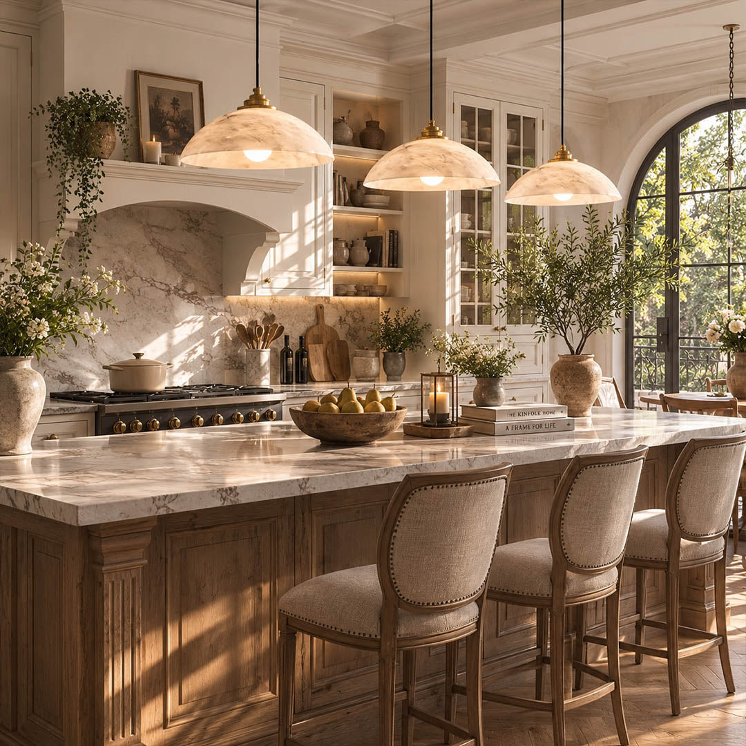 Sole alabaster pendant light kitchen island above counter alabaster dome gold warm glow modern American home lifestyle interior styled