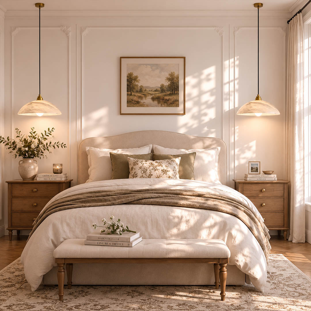 Sole alabaster pendant light bedroom bedside natural stone dome gold soft warm calming American home lifestyle interior styled