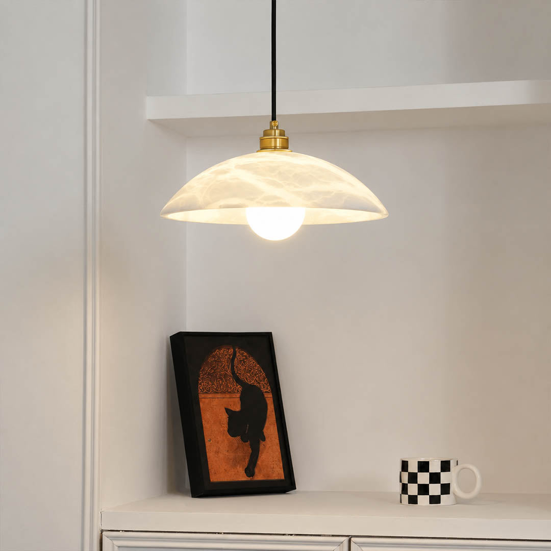 Sole alabaster pendant light hammered polished stone surface texture detail close up handcrafted