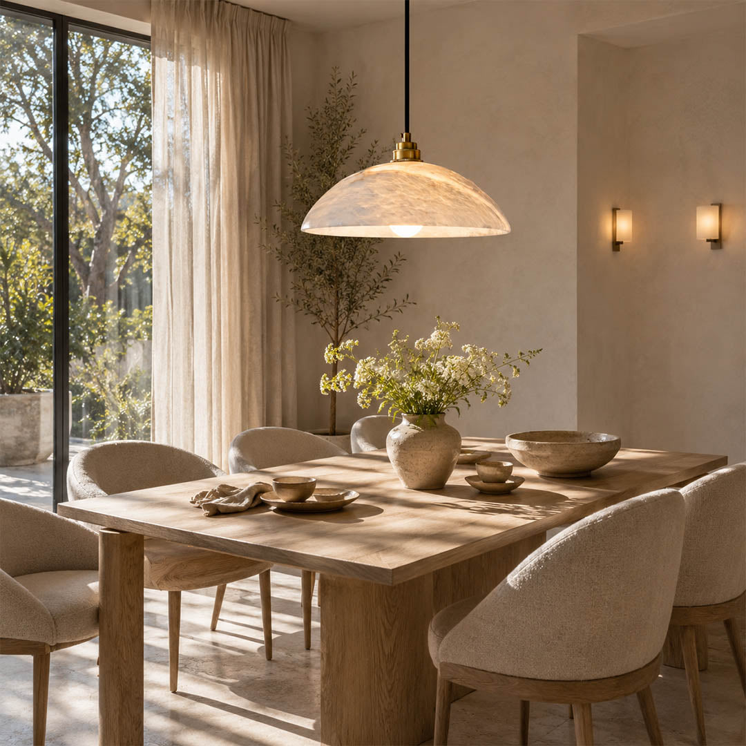 Sole alabaster pendant light dining room above table natural stone dome gold warm glow quiet luxury American home lifestyle interior