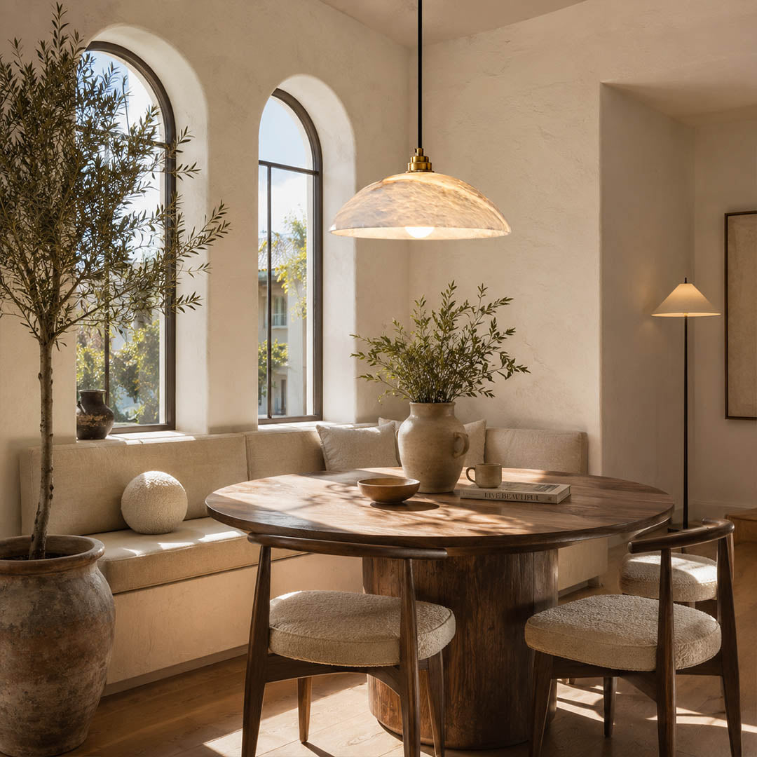Sole alabaster pendant light dining room above table natural stone dome gold warm glow quiet luxury American home lifestyle interior