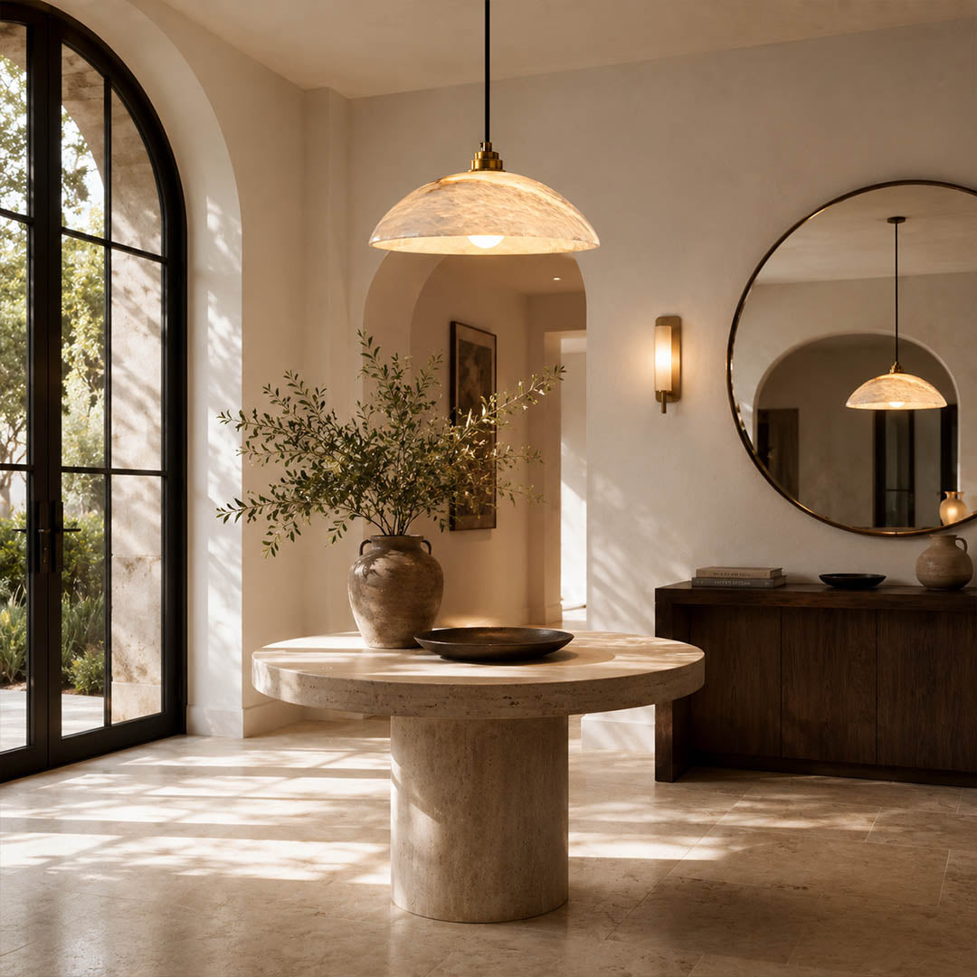 Sole alabaster pendant light entryway foyer natural stone dome gold warm welcoming modern American home lifestyle interior styled