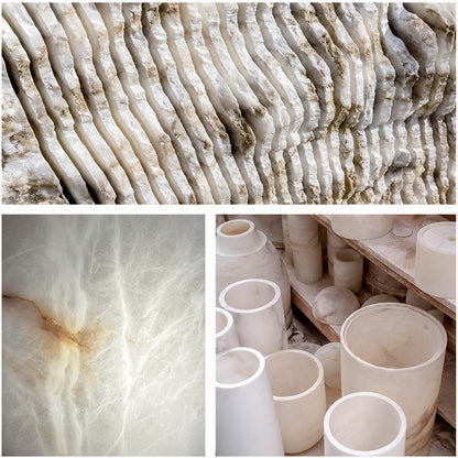 Sole alabaster pendant light hammered polished stone surface texture detail close up handcrafted