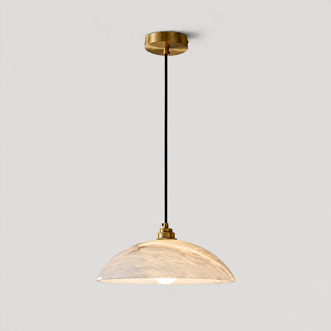 Sole alabaster pendant light large natural stone dome gold metal organic veining modern white background front view