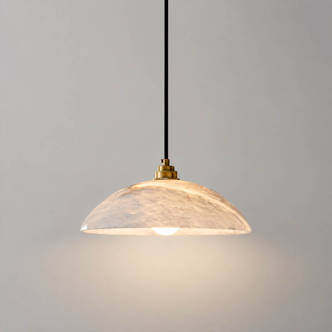 Sole alabaster pendant light small natural stone dome gold metal organic veining modern white background front view