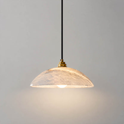 Sole alabaster pendant light small natural stone dome gold metal organic veining modern white background front view