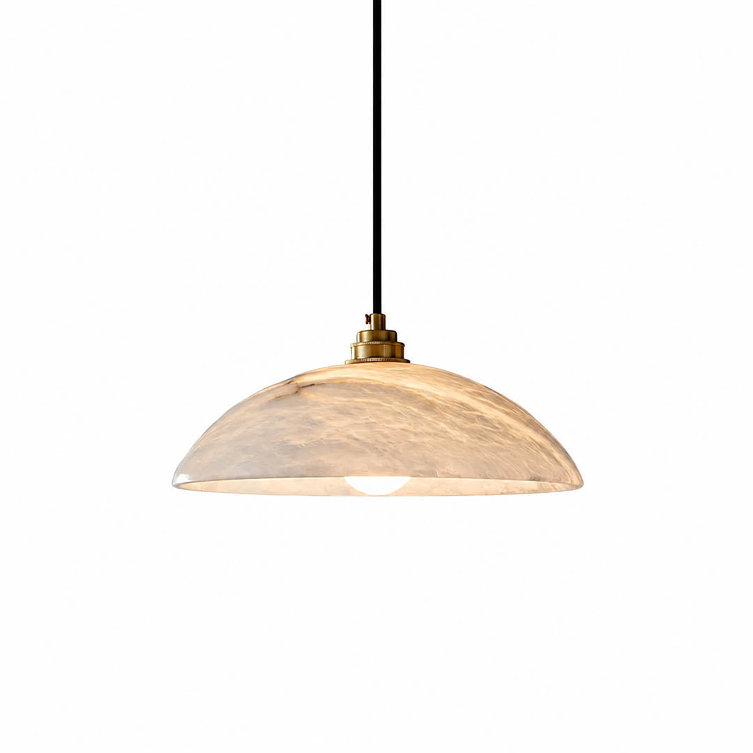 Sole alabaster pendant light illuminated warm glow translucent stone veining soft glare free radiance white background
