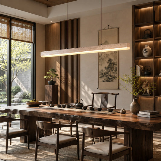 Sole travertine pendant light conference reception oversized warm glow travertine stone disc commercial interior styled