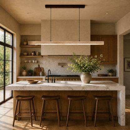 Sole travertine pendant light kitchen island oversized warm glow travertine stone disc statement American home lifestyle interior styled