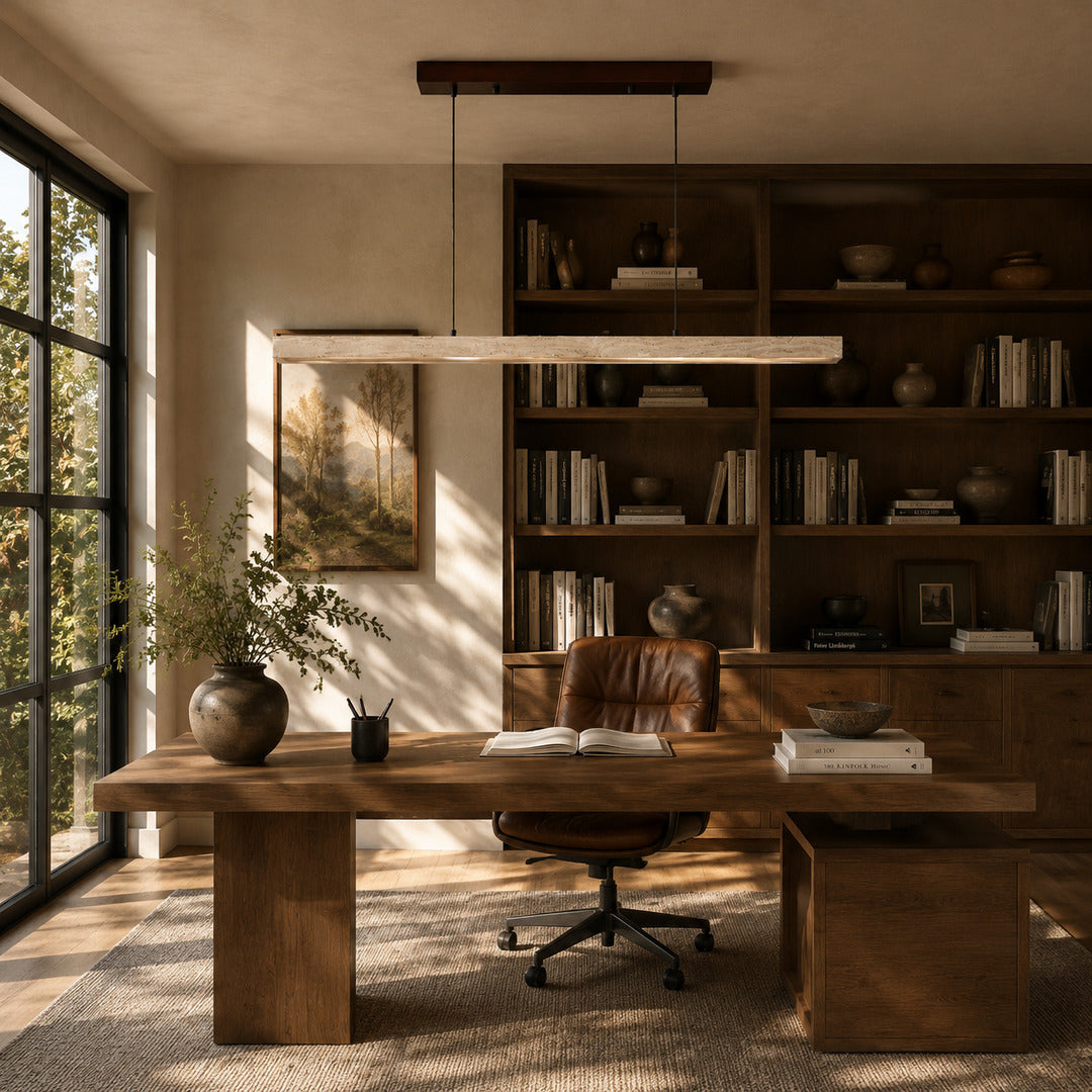 Sole travertine pendant light conference reception oversized warm glow travertine stone disc commercial interior styled
