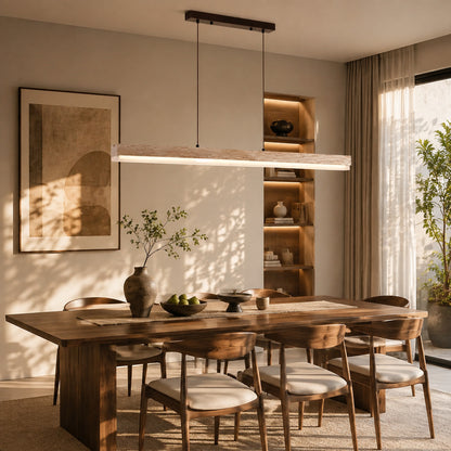 Sole travertine pendant light open plan living dining oversized warm glow travertine stone disc American home lifestyle interior styled
