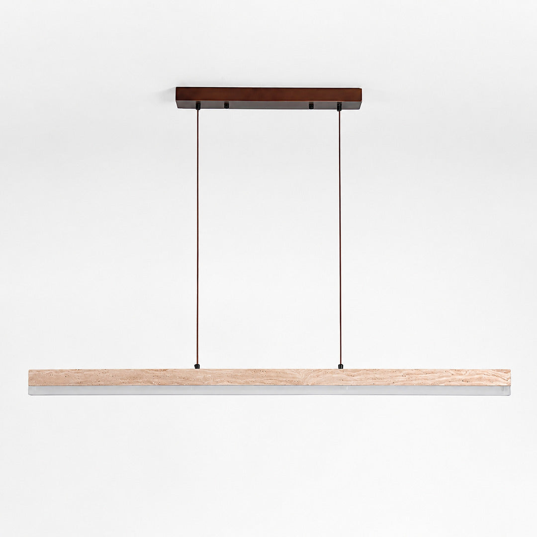 Sole travertine pendant light illuminated warm integrated LED glow oversized travertine stone disc white background