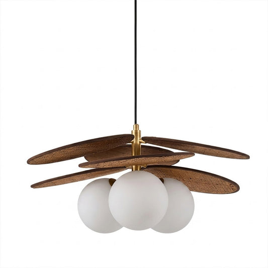 Solene wabi-sabi chandelier glass orb warm gold metal fabric pendant white background