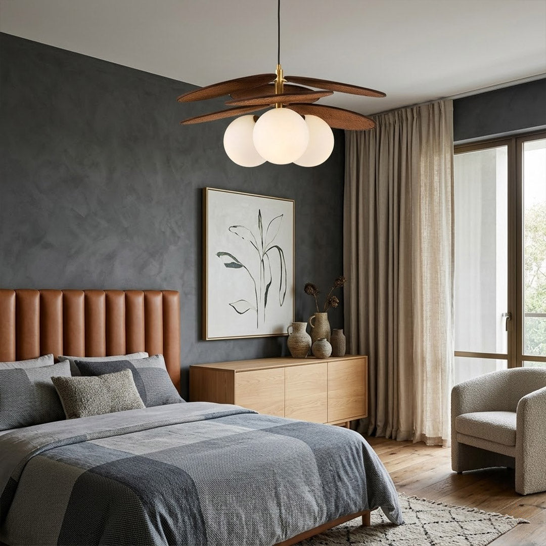 Solene wabi-sabi chandelier above living room boho organic modern interior warm light