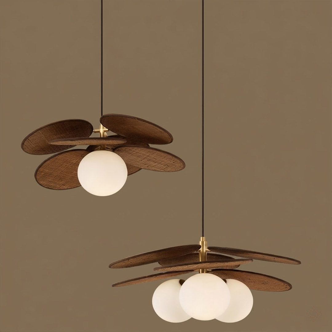 Solene wabi-sabi chandelier above living room boho organic modern interior warm light