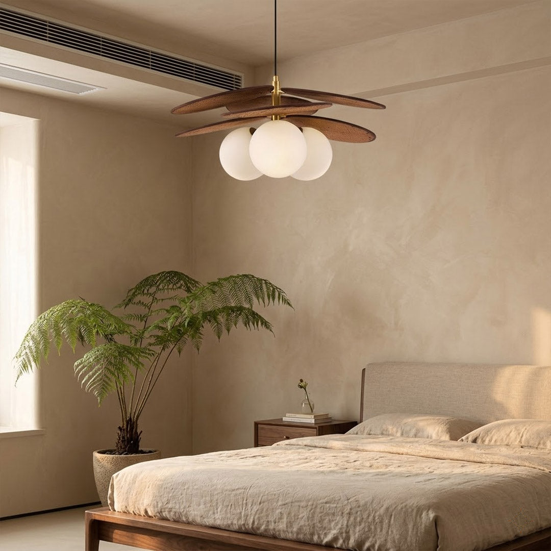 Solene wabi-sabi chandelier above living room boho organic modern interior warm light
