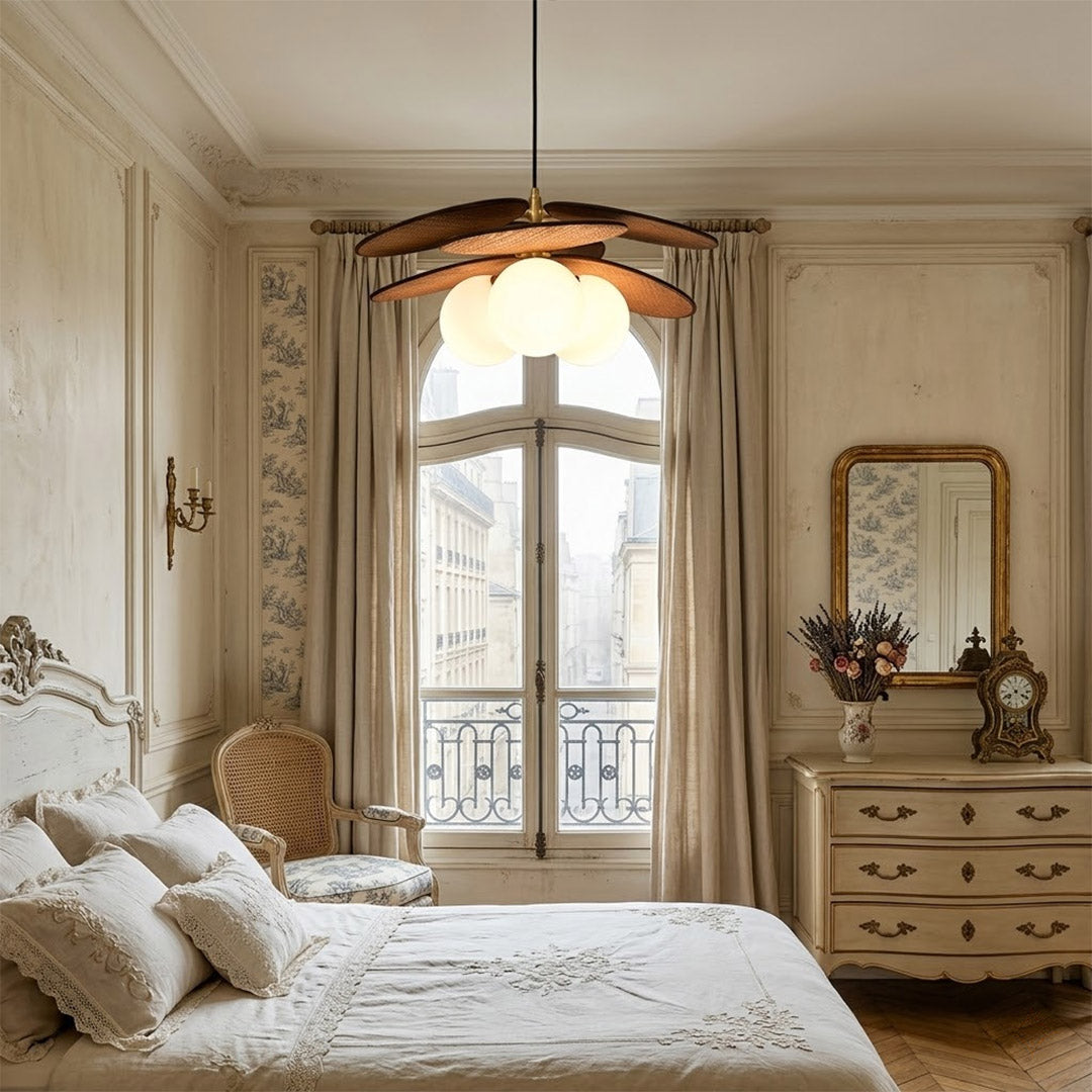 Solene wabi-sabi chandelier above living room boho organic modern interior warm light