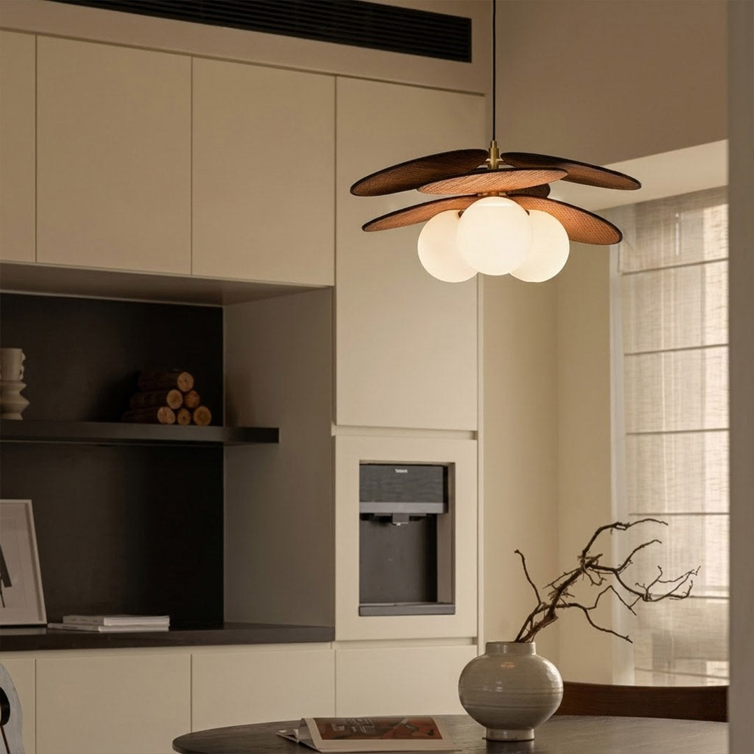 Solene wabi-sabi chandelier above living room boho organic modern interior warm light