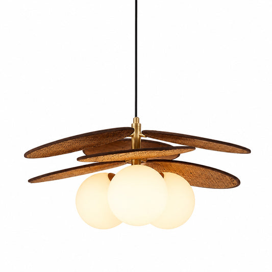 Solene wabi-sabi chandelier glass orb warm gold metal fabric pendant white background