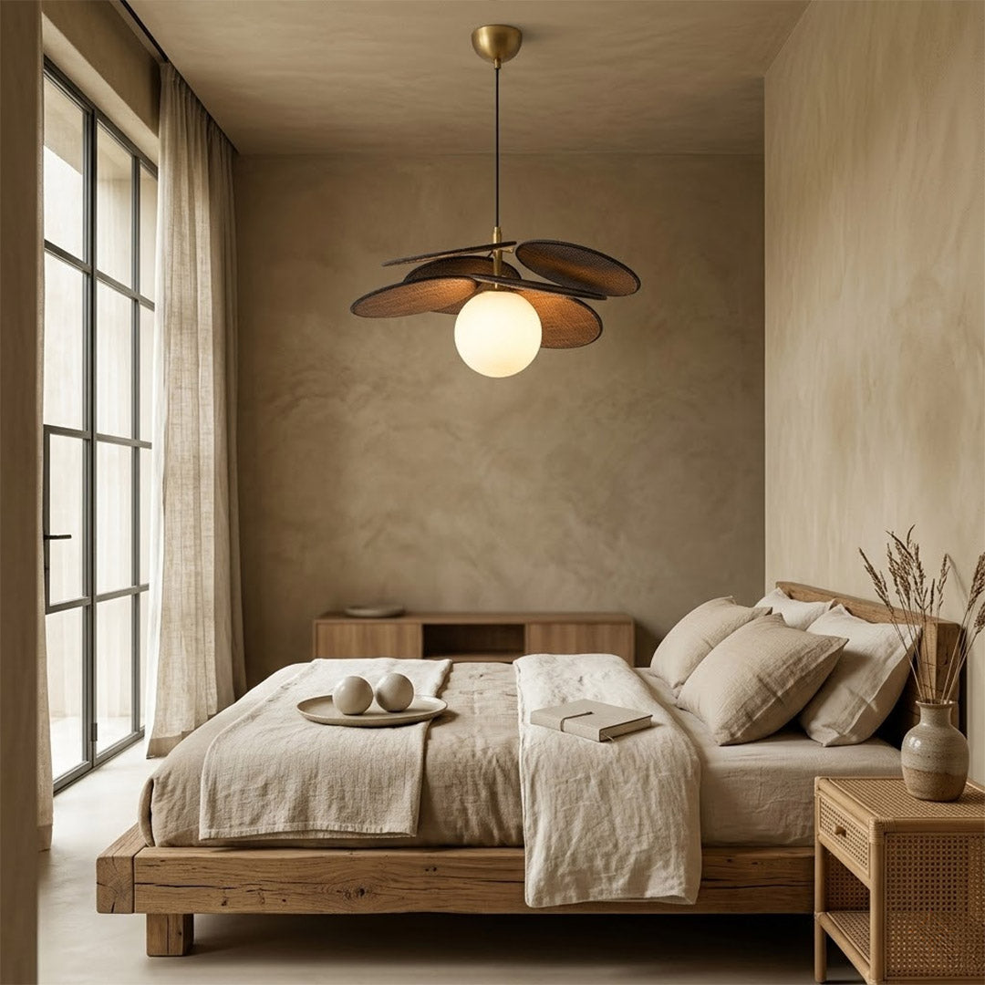 Solene wabi-sabi chandelier above living room boho organic modern interior warm light