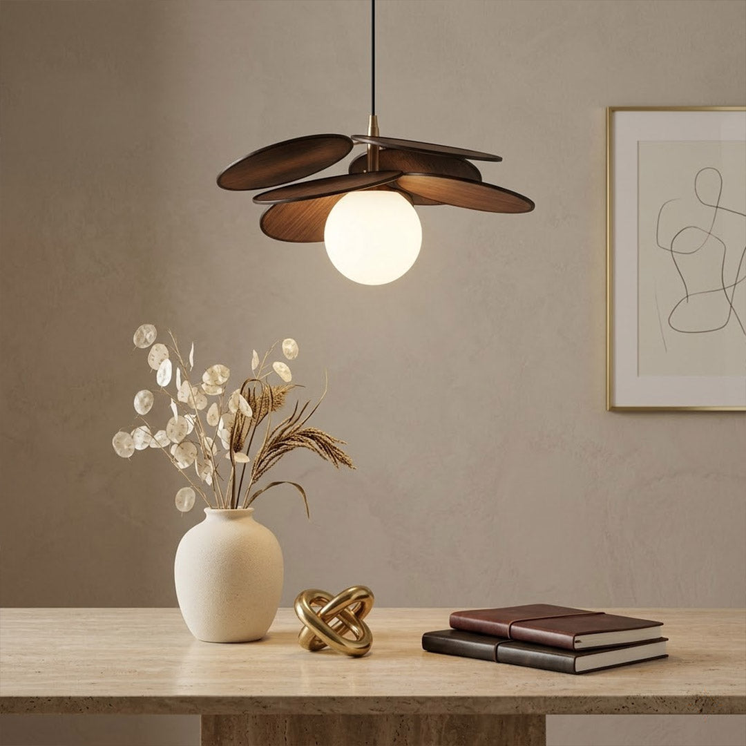 Solene wabi-sabi chandelier above living room boho organic modern interior warm light