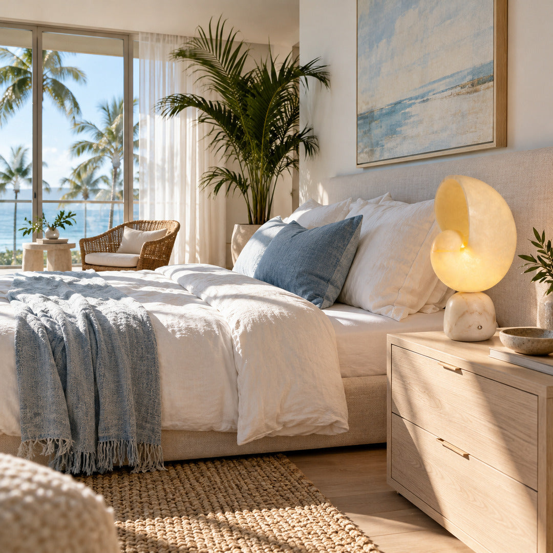 Pair of Spira alabaster shell lamps on nightstands either side of a bed